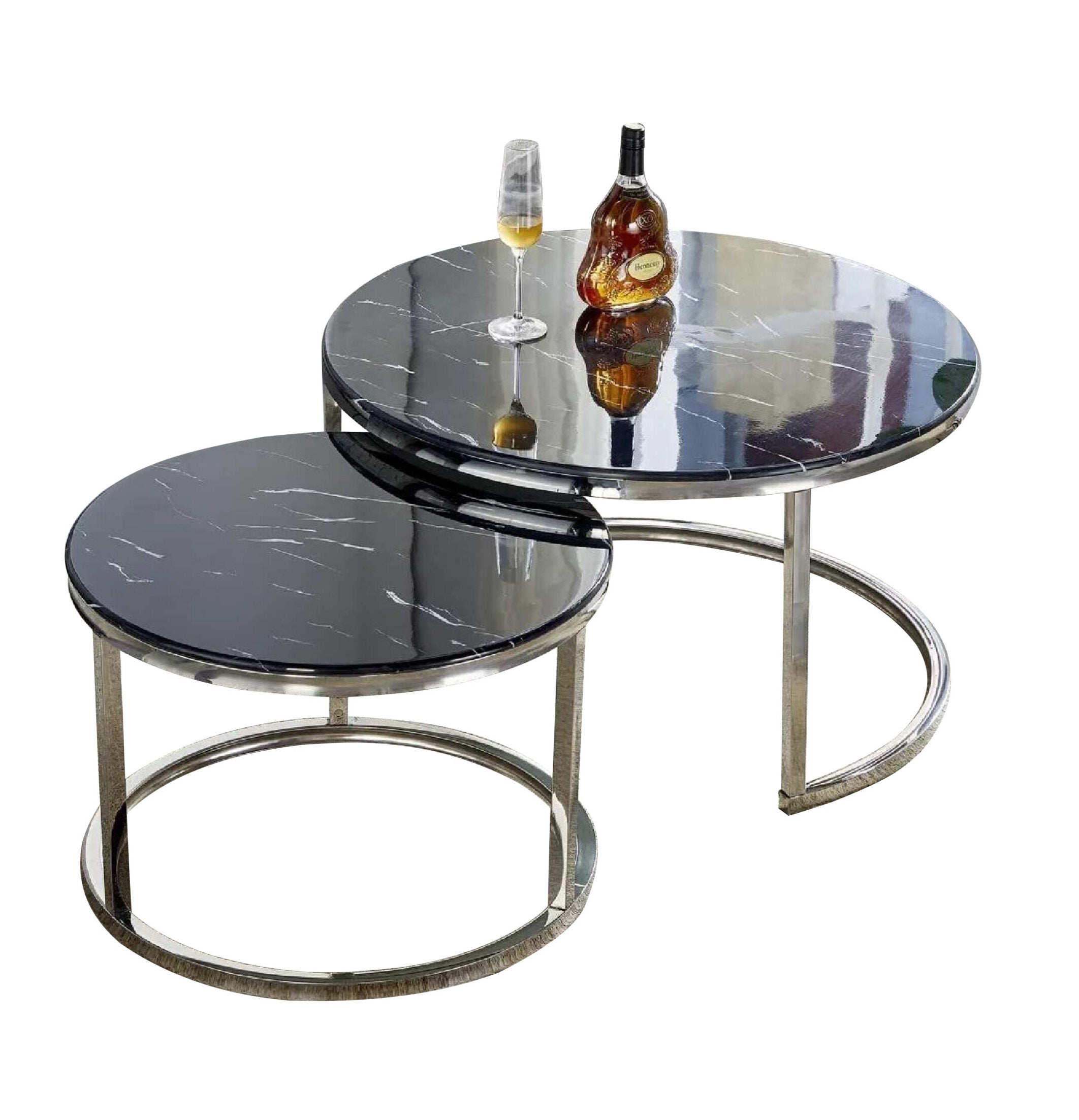 Table Basse GIGOGNE ronde gigogne plateau marbre noir pieds argentée en acier inoxydable